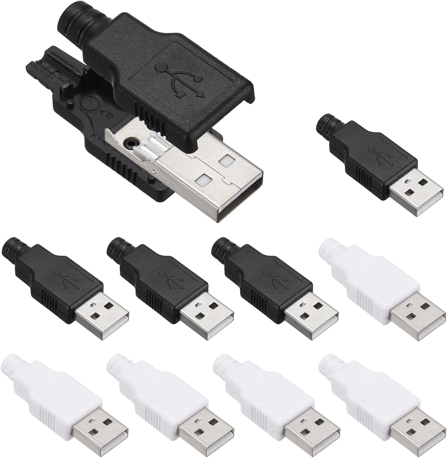 10Pcs USB 2.0 Type A Male Plug Connector, 4 Pin Solder Terminal with 3mm Cable Hole for DIY Cable Repair Kit, Power Supply, Microcontroller Projects, White/Black, 33x16mm