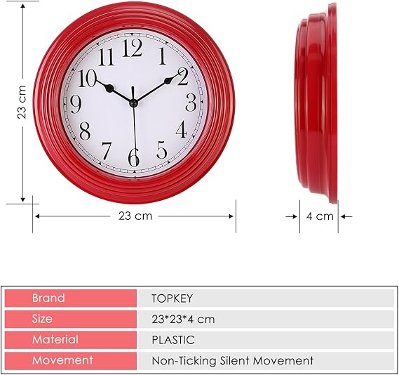 Topkey Silent Wall Clock Kitchen 9 Inch Retro Non-ticking Decorative Bedroom Office Wall Clock - Cherry Red