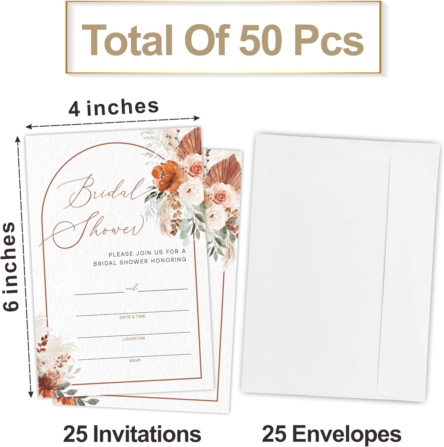 Watercolor Floral Bridal Shower Invitations, 25 Boho Invites With Envelopes, Fill In Style Invites For Bridal Shower, Mr & Mrs Newlyweds Celebration, Party Favor & Supplies - A03