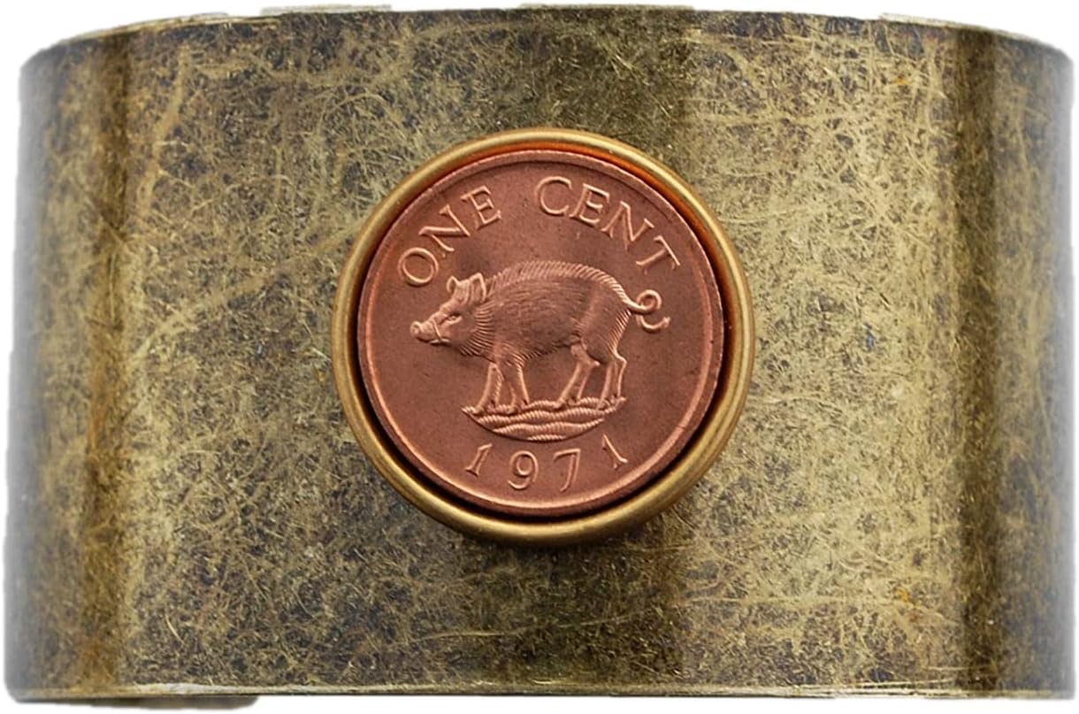 Bermuda 1971 One Cent BU Uncirculated Coin Solid Brass Antique Finish Cuff Bracelet - Wild Boar