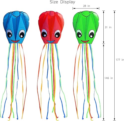 Miniatura 6 de Paquete de 3 cometas grandes de pulpo sonriente mejoradas, hermosa cometa de cola larga para niños y adultos, fácil de volar a la playa, grandes
