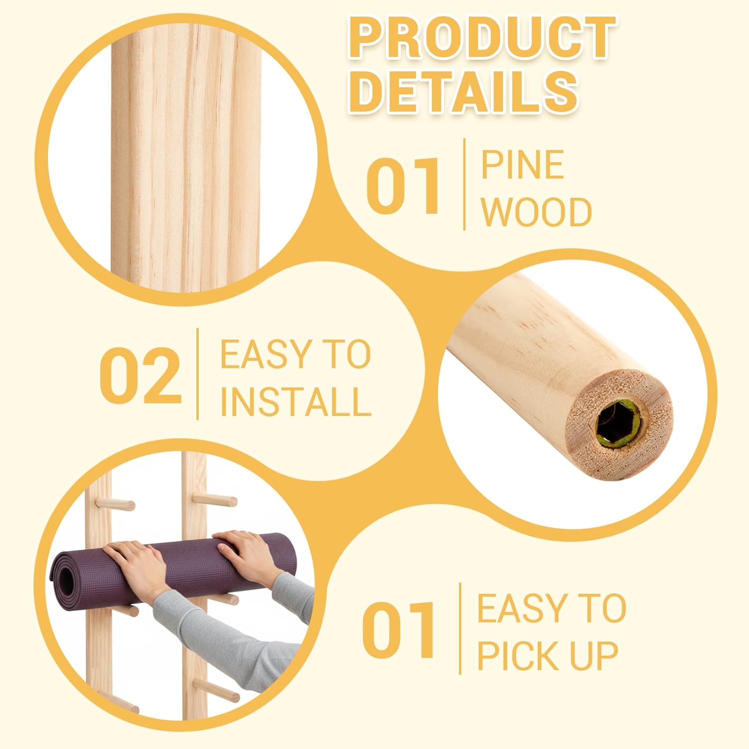 1 Pair Yoga Mat Holder Wall Mount Wooden Yoga Mat Storage Racks for Foam Roller & Fitness Accessories 4 Layer, Accommodating 4 Mats Save Space & Home Gym Organize