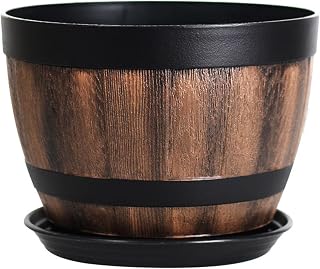 Large Flower Pot Whiskey Barrel Planters with Drainage Holes & Saucer Resin Plant Pot Imitation Wine Barrel Design Rustic Garden Pots for Herbs Outdoor Planting D Perforated