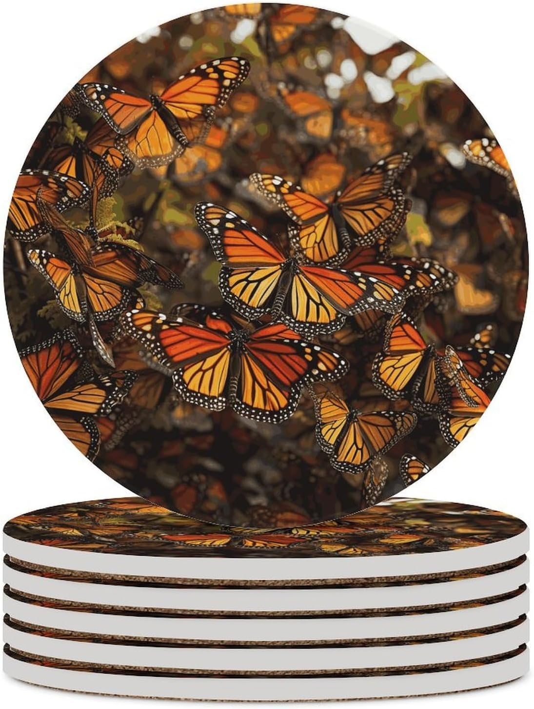 Monarch Butterflies Coasters Round Coasters Set Ceramic Stone Coaster with Cork Base Coffee Cup Beverage Cup Mat Cute Funny Table Drinks Coaster for Mugs and Cups Office Kitchen
