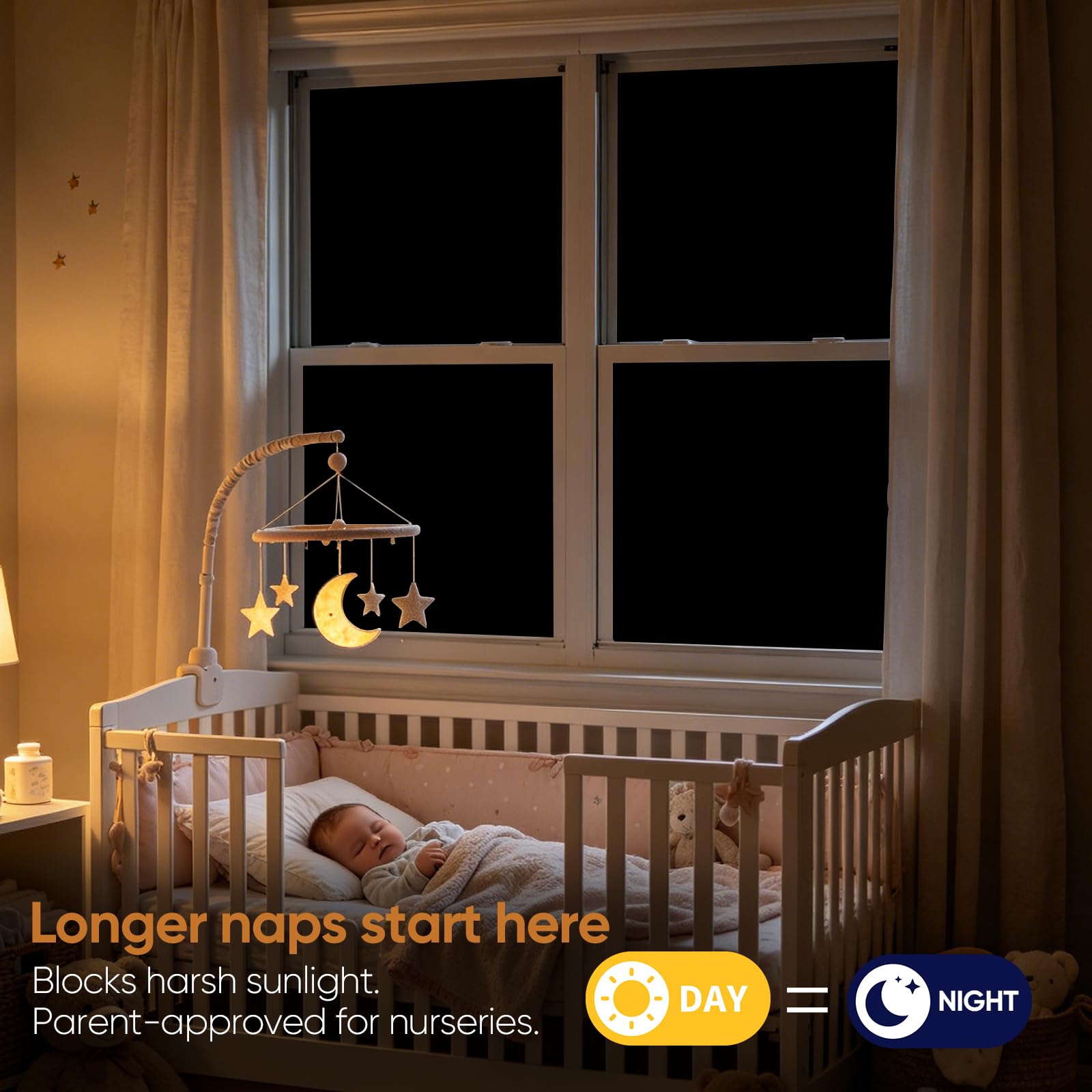 SUNBABY Film occultant pour fenêtre - 100 % bloquant la lumière - Pour le sommeil diurne et l'intimité de jour et de nuit - Film statique sans colle pour fenêtre de chambre à coucher, crèche, home