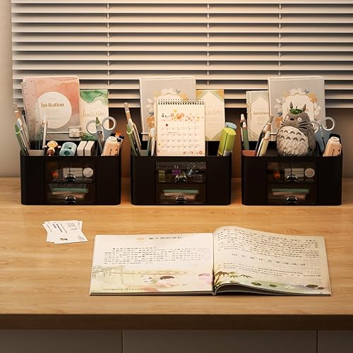 Miniatura 6 de Organizador estacionario de escritorio de 7 rejillas con cajón, organizador de mesa de plástico multifuncional y soporte para bolígrafos para la