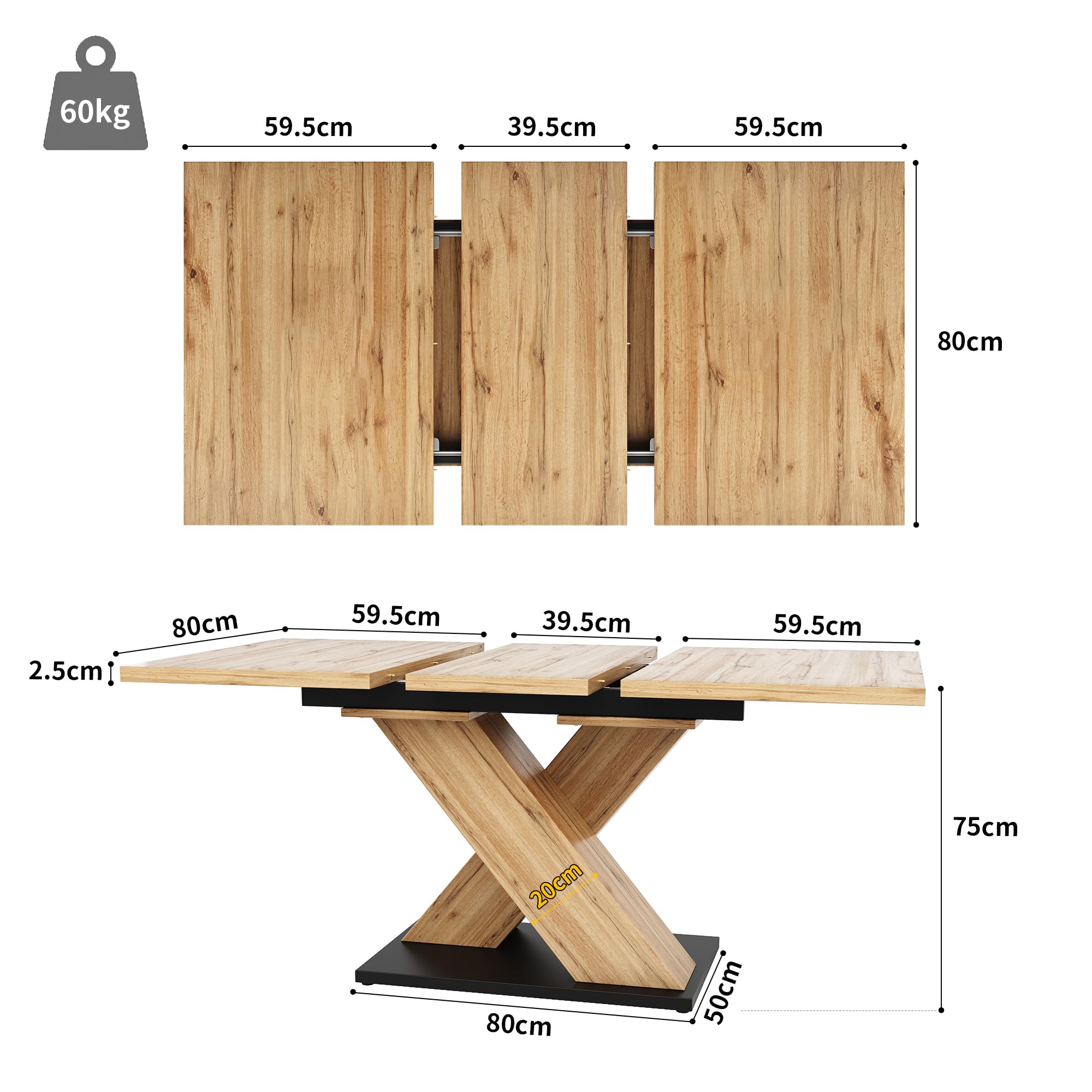 KAZZIO Tavolo da Pranzo Telescopico, Tavolo da Cucina, Tavolo Allungabile, con Ripiani Interni Allungabile Fino a 119-158,5 cm, Per Cucina e Soggiorno, Tavolo da Pranzo Color Legno