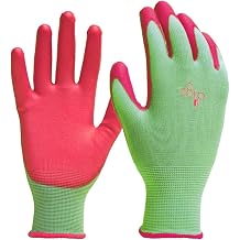DIGZ 7697 Stretch Knit Womens Gardening Gloves, Work Gloves with Polyurethane Coating, Green/Pink, Large