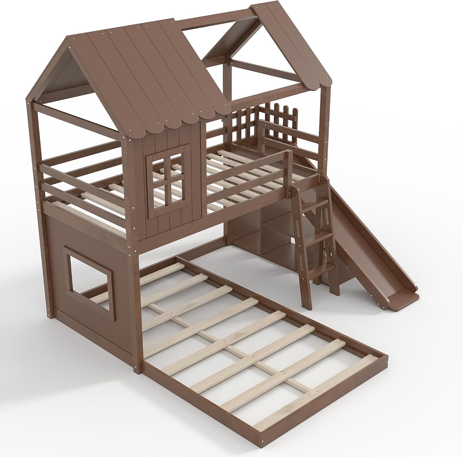 LUMISOL Twin Over Full House Bunk Bed with Slide, House Floor Bunk Beds with Storage Shelves and Wardrobe, Playhouse Bunk Bed with Roof and Window, Deep Natural