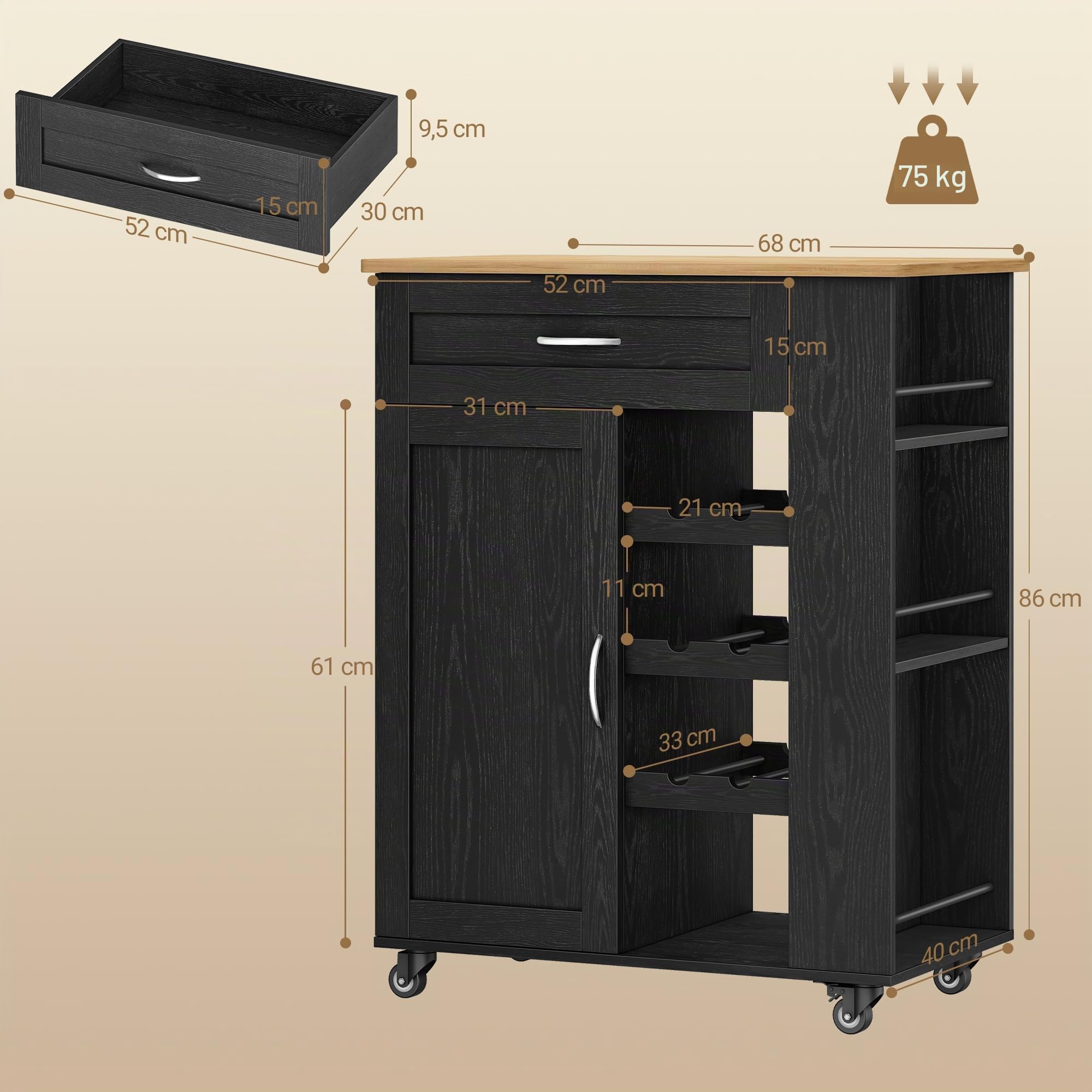 Hzuaneri Isla Cocina de 3 Niveles, Carrito Cocina, 40 x 68 x 86 cm, Negro | Mueble de Almacenamiento Multifuncional para Cocina con Cajones y Estantes, Apto para Sala de Estar o Comedor, ST03004B
