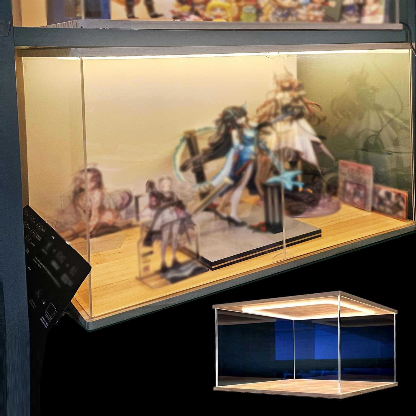 CMYUN Acryl Vitrine Lange, Staubdichte Acrylvitrine mit LED-Beleuchtung, Vitrine für Puppen, Sammlerstücke Und Figuren mit Licht Und Tür, Transparente Vitrine für Trophäen(35x30x15cm/14x12x6in)