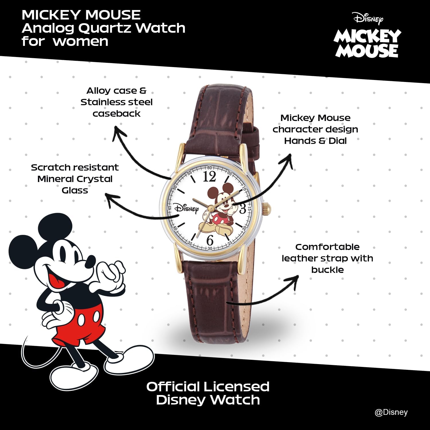 Disney Mickey Watch - Watch for Women - Mickey Mouse Watches for Women Toys - 90s Mouse - Vintage - Articulating Hands - Gold Case - Brown Leather Strap - Image 2