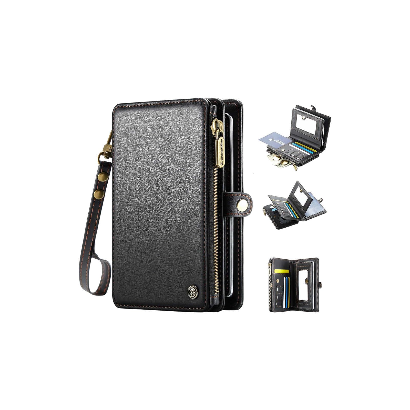 Passport Wallet with AirTag Holder, RFID Blocking Passport Holder for Travel Family, PU Leather Document Organizer with 11 Card Slots & Wrist Strap, Black