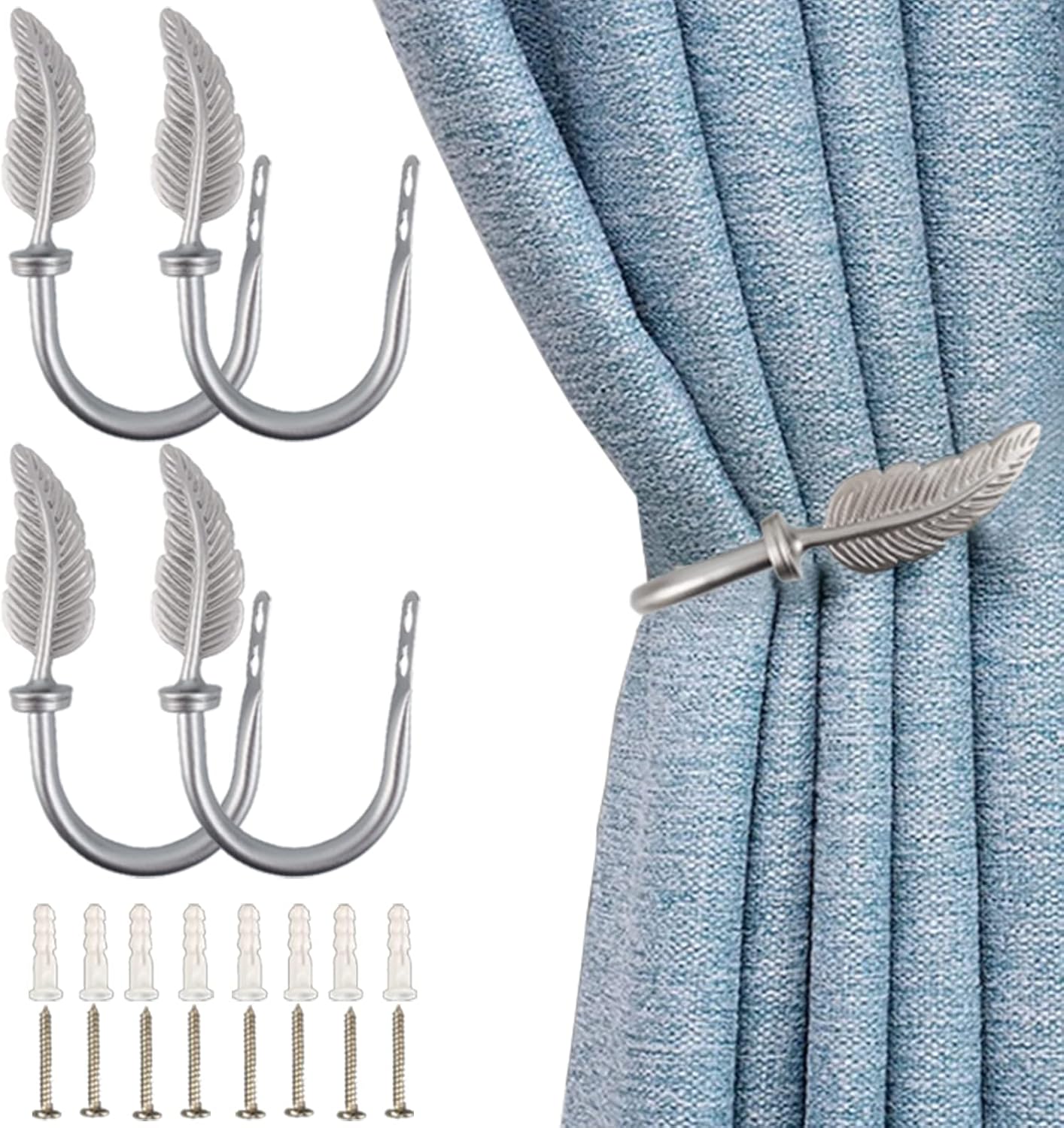 4Pcs Curtain Holdbacks - Wall Mounted Drapery Tiebacks with Feather Finial,Decorative Curtain Holders for Bedroom Livingroom Office Home,Satin Nickel