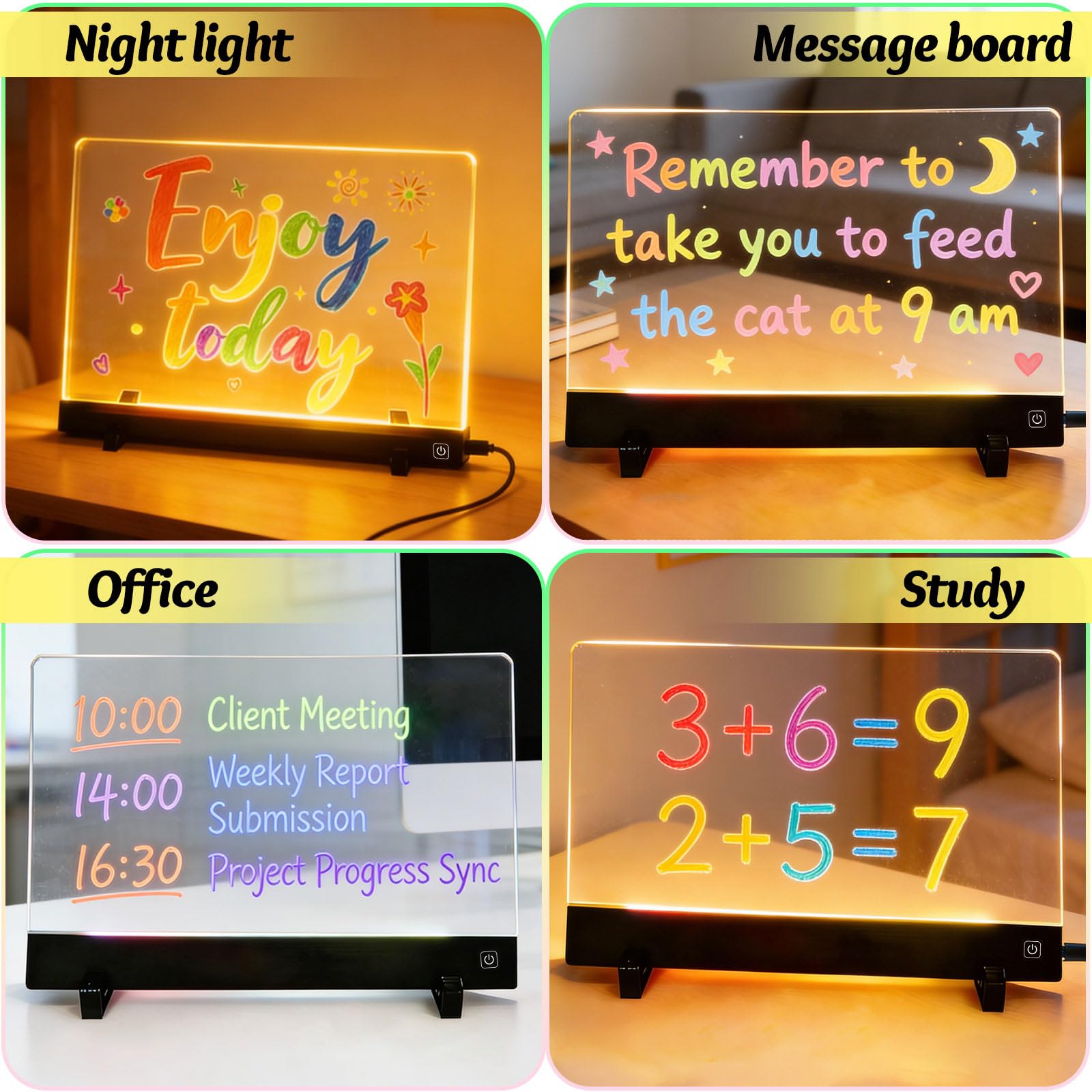 TXErfolg Lavagna da disegno a LED per bambini con 4 effetti di luce, 35 x 26 cm, lavagna acrilica luminosa, lavagna magica a LED con penna a 7 colori, lavagna ricaricabile per messaggi, per ufficio