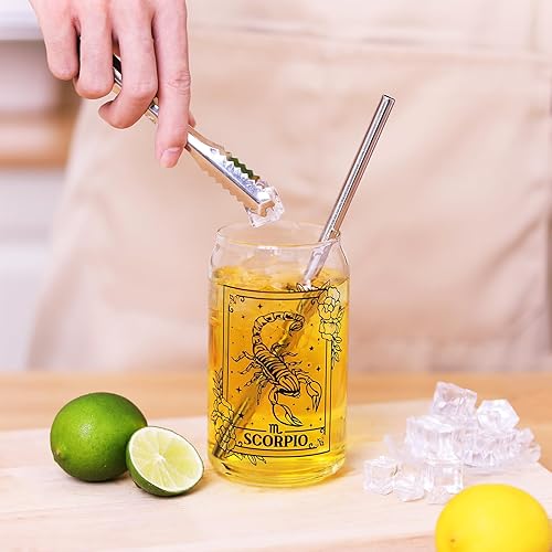 Miniatura 6 de Scorpio - Vaso de cerveza de 16 onzas con tapa, popote de metal y cepillo de limpieza, vaso de vidrio reutilizable para café, té, soda, jugo,