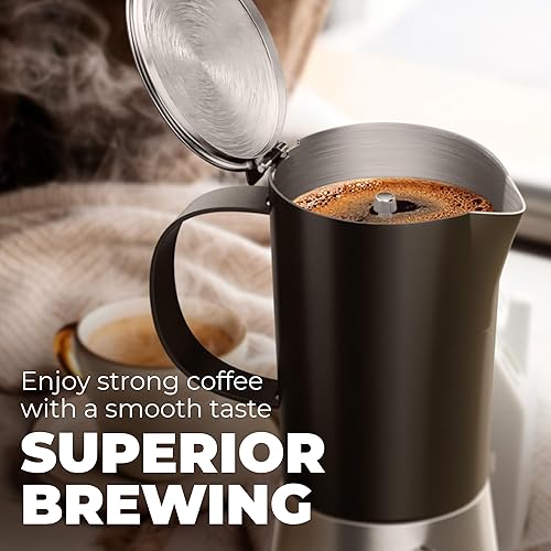 Miniatura 7 de Máquina de café expreso para estufa, de acero inoxidable, cafetera de 6 tazas (12 onzas líquidas), cafetera italiana, compatible con gas, eléctrica