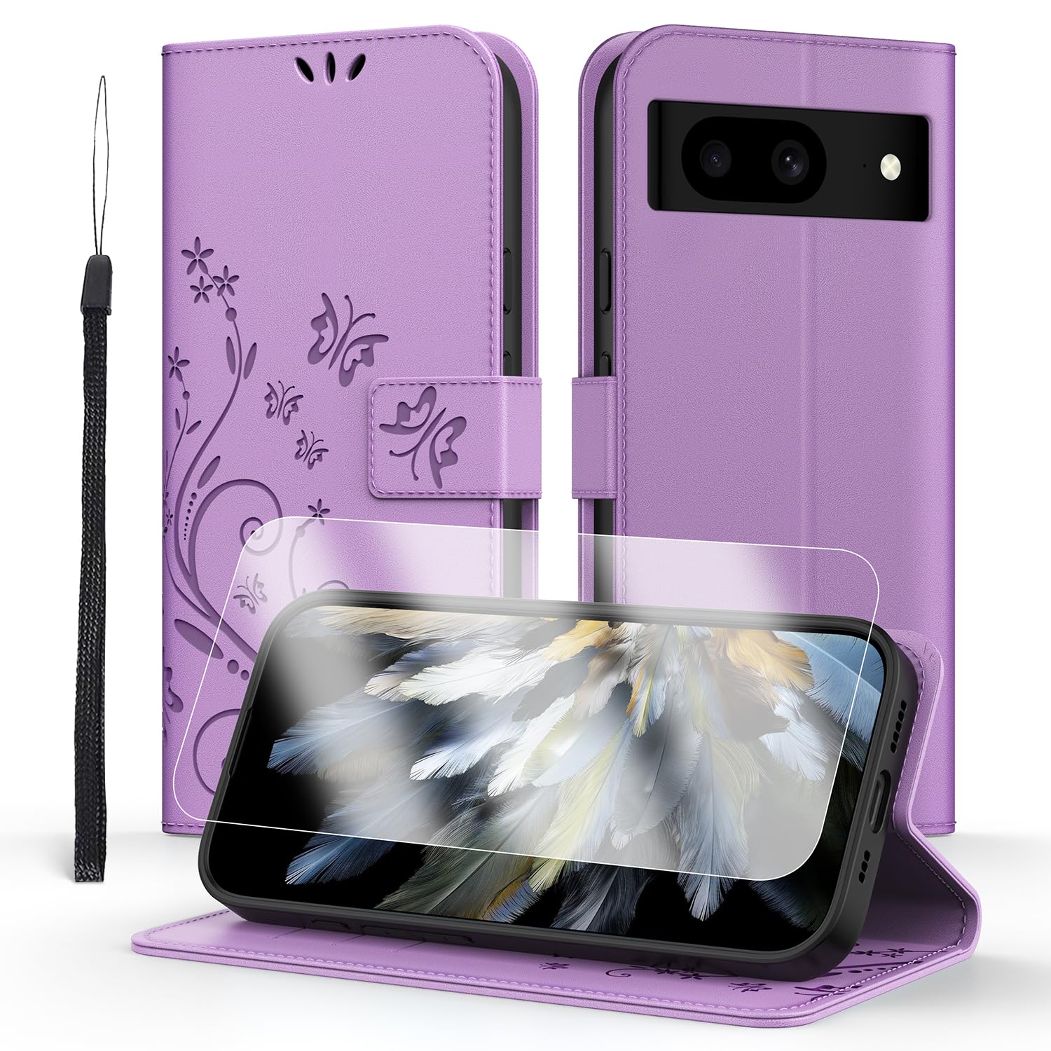 Anshow for Google Pixel 8 Wallet Case with Screen Protector, with Wrist Strap, Flip Leather Case with Cards Holder Phone Case with Kickstand Cover for Google Pixel 8, Purple