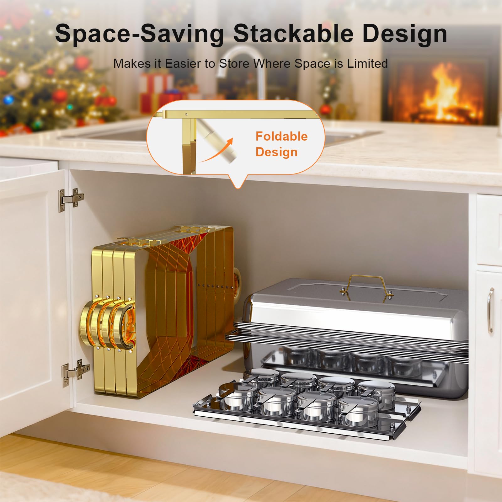 Juego de 2 platos de frotamiento para buffet, juego de platos de alta calidad, calentadores de alimentos [instalación sin tornillos] con diseño apilable para bufés de bodas, hogar, Navidad, 2 sartenes