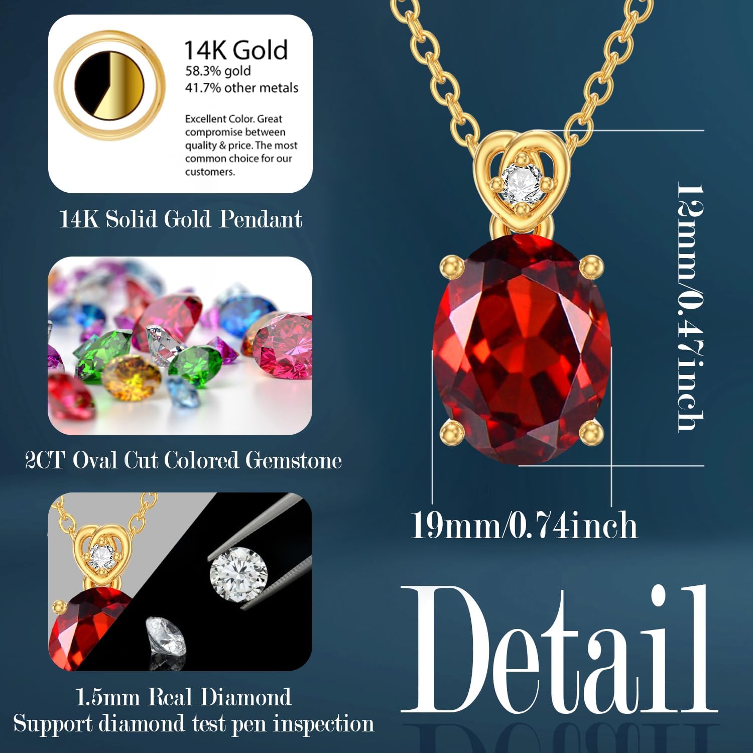 14k Gold Oval Gemstone Birthstone Necklace with Real Diamond(I2-I3 Clarity),2 Carat Created Birthstone Anniversary Birthday Mother's Day Necklaces for Women Mom Her - Image 5
