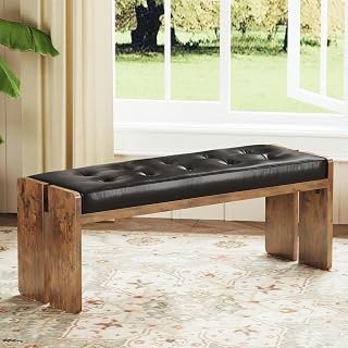 EXOTICA Upholstered Dining Bench with PU Leather Padded Seat - Bedroom, Hallway, Entryway Ottoman for Kitchen & Living Room, Brown/Black