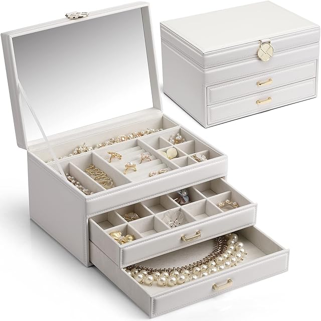 Vlando Jewellery Box with Rimless Mirror, PU Leather 3 Layer Jewellry Organiser Boxes with 2 Drawers for Rings Bracelets Earrings Necklaces,Gift for Women Christmas New Year Thanksgiving Gift (White)