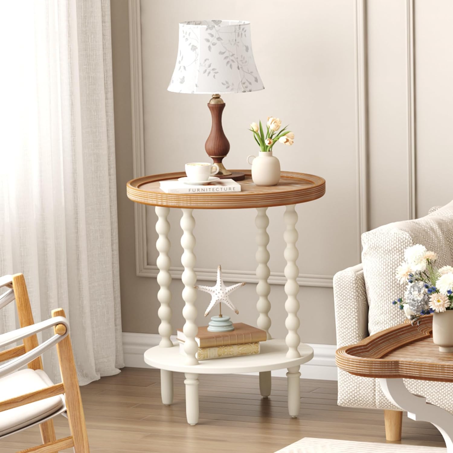 Function Home Round End Table, Farmhouse Side Table with Storage Shelf, 2 Tier Wooden Nightstand, 19.2” Accent Table for Living Room Bedroom Small Space, Natural Tray Top and Vintage White Spindle Leg