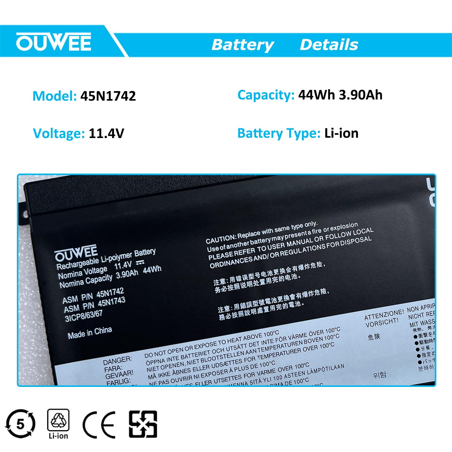 OUWEE 45N1742 Laptop Battery Compatible with Lenovo ThinkPad T550 T550s T560 W550 W550s P50S Series Notebook 45N1740 45N1741 45N1743 SB10K12721 00NY639 11.4V 44Wh 3900mAh