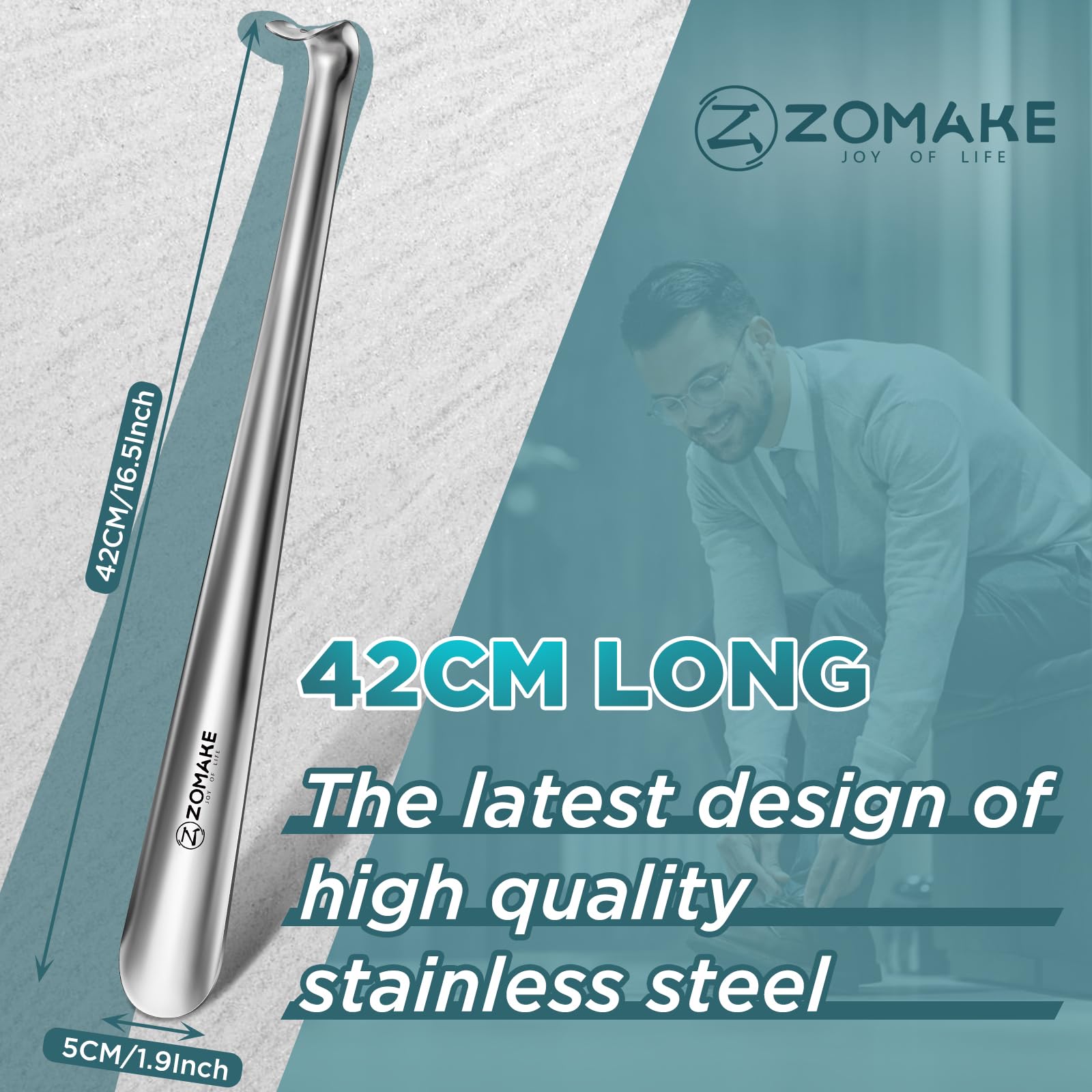 ZOMAKE Metalowe Łyżki do Butów 42CM,Długie Metalowe Łyżki do Butów,Długi Pomocnik do Zakładania Butów z Hakiem dla Mężczyzn,Kobiet, Seniorów i Dzieci(Srebrny)