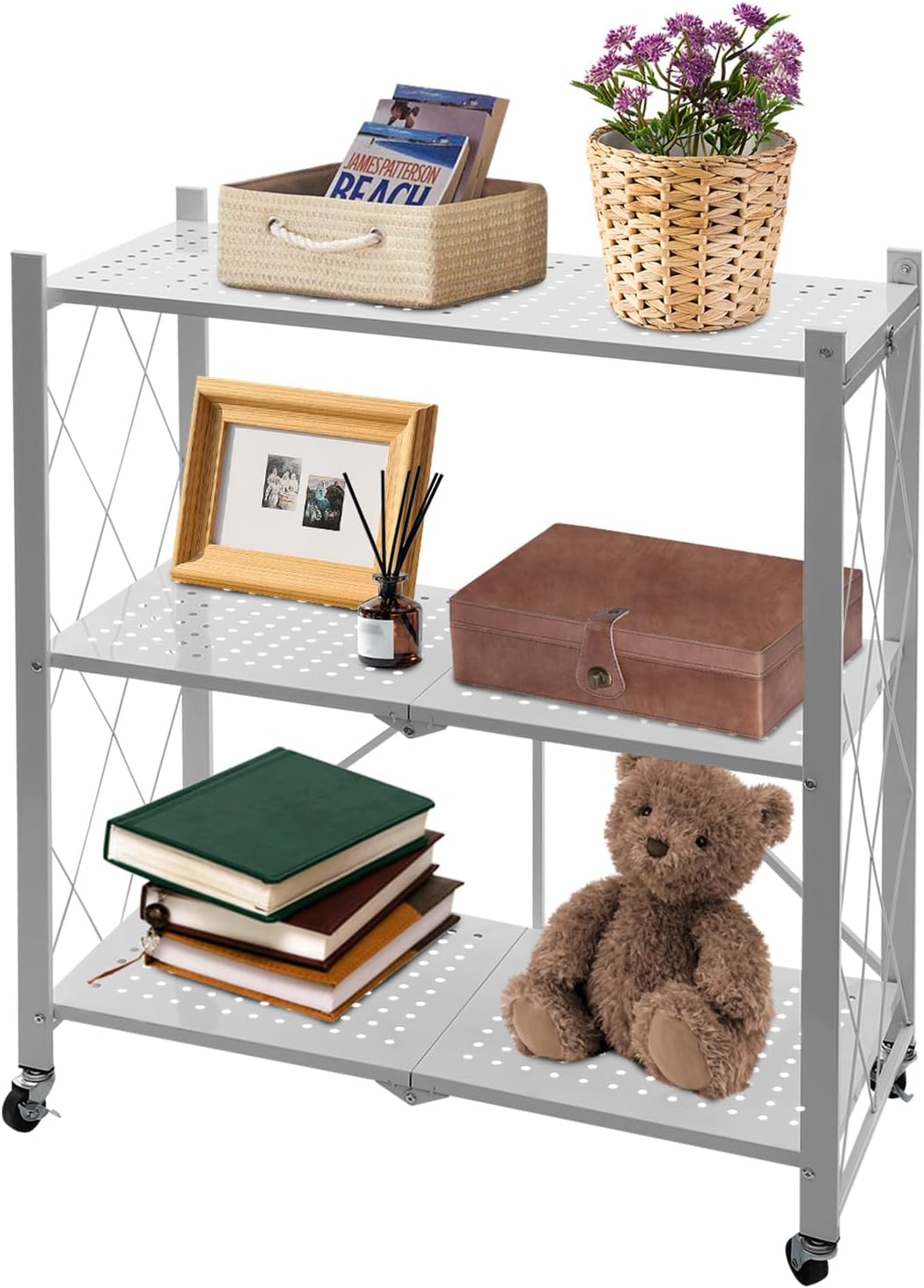 3-Tier Foldable Rolling Cart White, Slim Storage Trolley on Wheels for Kitchen Bathroom, Narrow Mobile Shelf Unit, Stackable Utility Organizer, Thin Pantry Spice Rack, Laundry Bathroom Cart