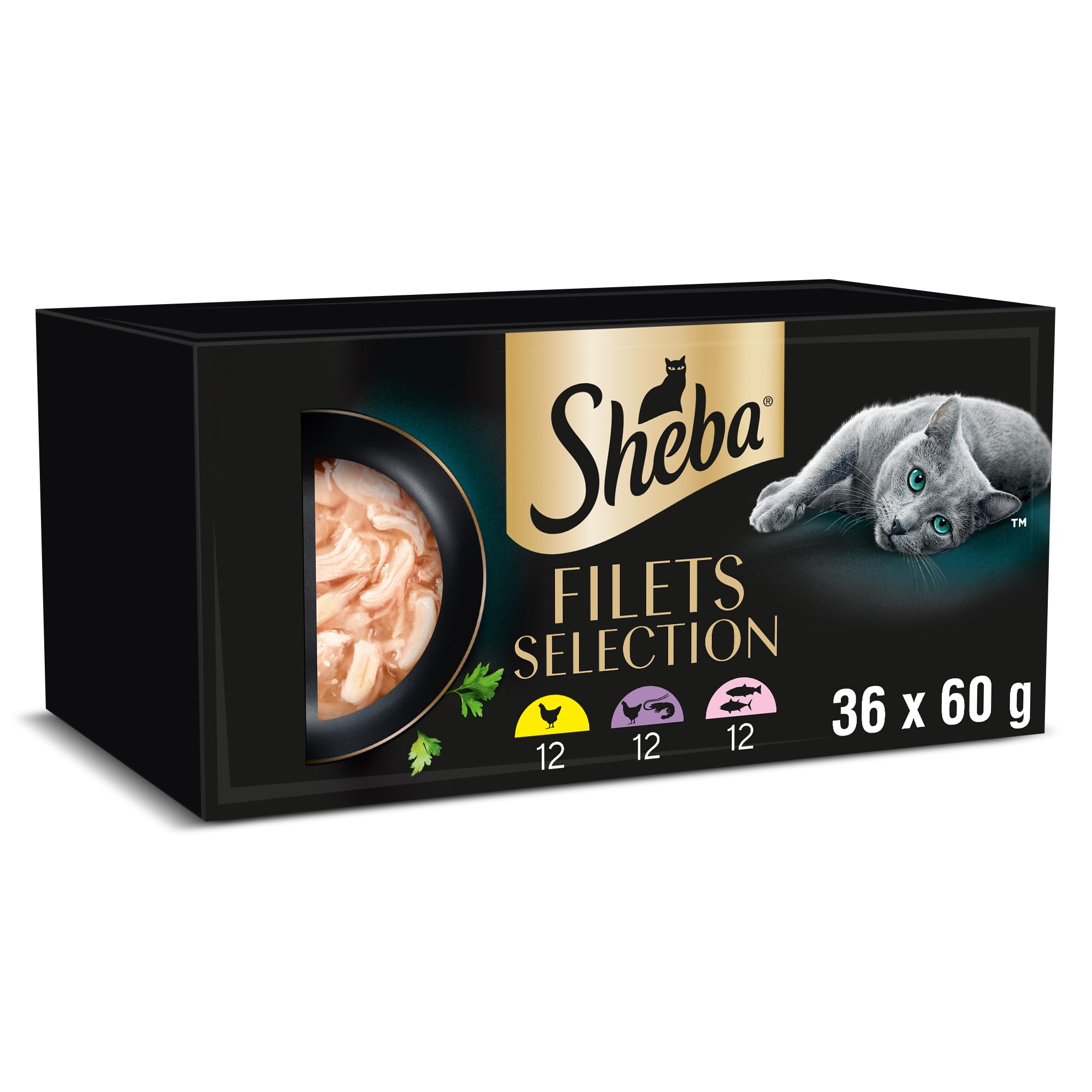 SHEBA Filets Adult Cat Food With Chicken, Ocean Fish & Shrimp, Salmon & Tuna in gravy 6x60g Tray