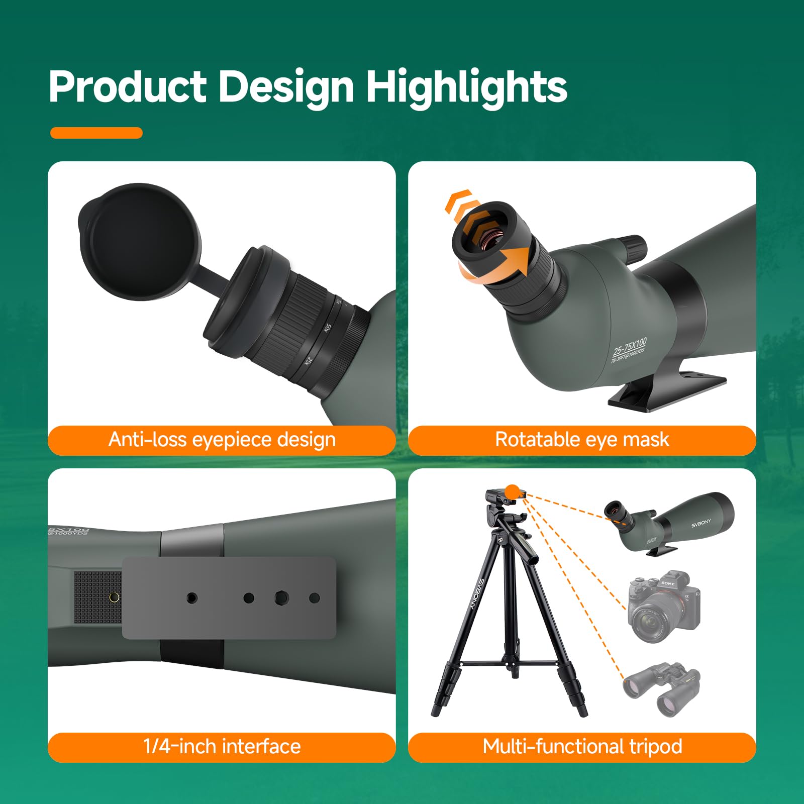 Svbony SV28 25-75x100mm longue-vue avec trépied, grand champ de vision, images claires et claires, HD Bak4 FMC Spotter Scope avec adaptateur smartphone, pour tir sur cible, observation des oiseaux