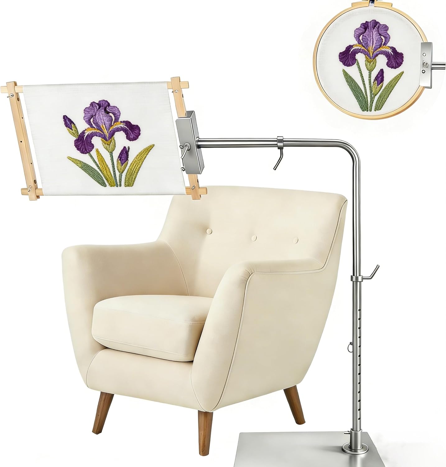 Heavy Duty Cross Stitch Floor Stand with Side Clamp – 360° Rotating & Height Adjustable Workstand for Lowery, Fits Q-Snap Frames & Scroll Rods up to 32" Wide, Extra-Large Stable Base, Metal Needlepoint Stand
