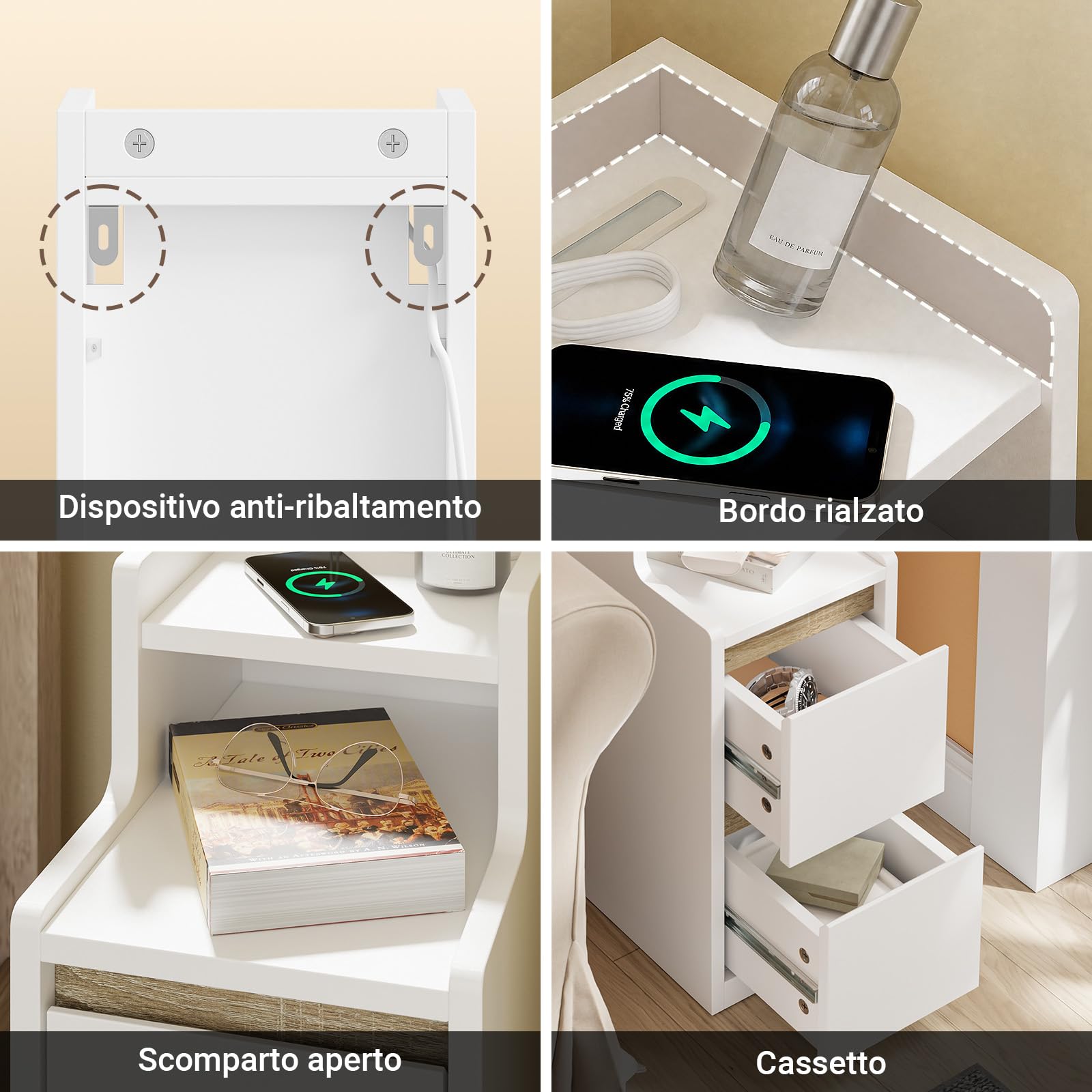 SoBuy comodino stretto con ricarica e Lampada LED touch, 22x34x60.5cm | 22cm Tavolino salotto con USB & Type-C, barra LED dimmerabile USB cavo 1,8 m, battiscopa e antiribaltamento, FBT178-E-WN