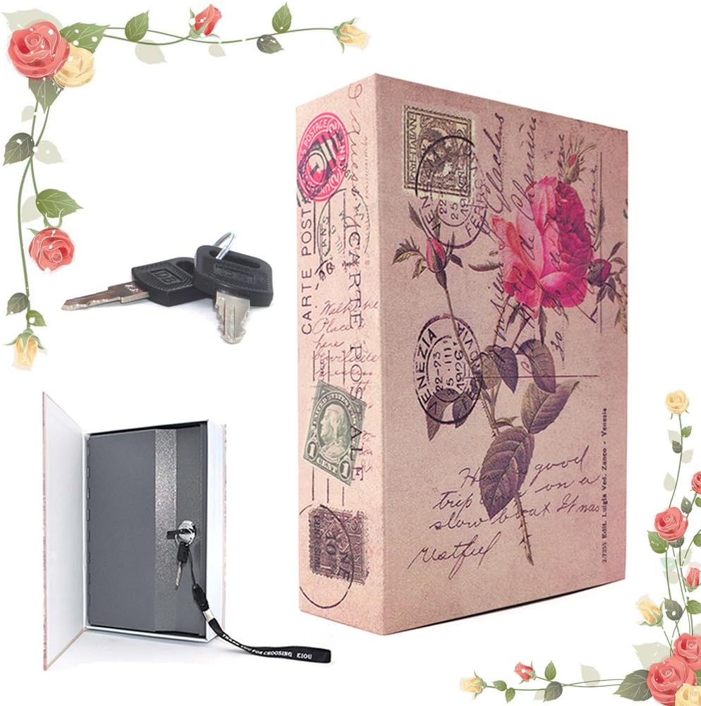 9.6" x 6.2" x 2.2" Beatiful Rose Inches Book Safe with Key Lock, Metal,safe for money