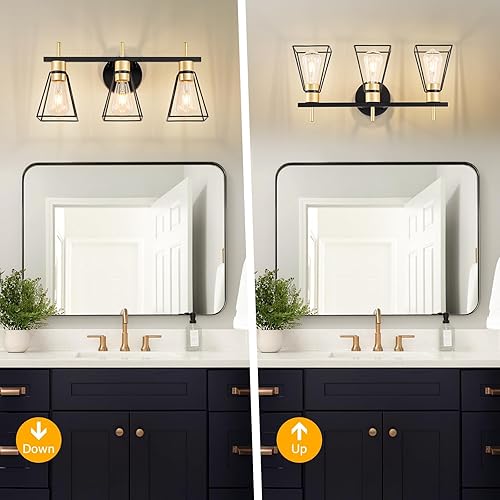 Miniatura 5 de Lámpara de tocador de baño de granja sobre espejo, aplique de pared de 3 luces negro y dorado con jaula de metal, enchufe E26 (bombillas no