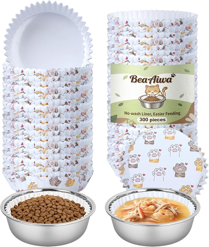 Kit de Potes para Gatos BeaAiwa com Tigelas de Aço Inoxidável e Forros Descartáveis, 300 Unidades