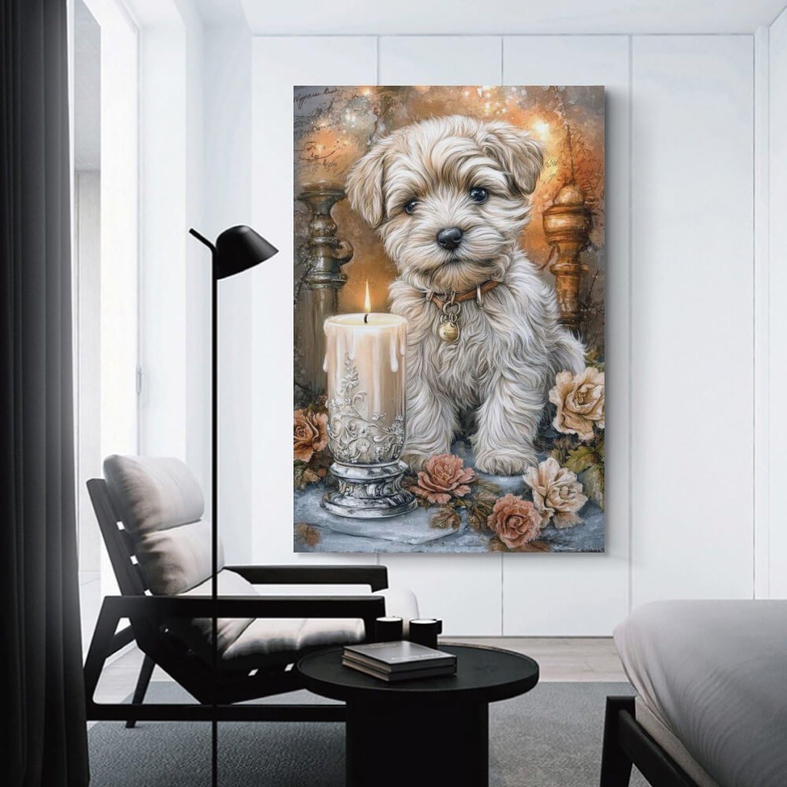 Junmoney Wall Picture Print Cute Puppy with Candle And Roses, 16x24inch(40x60cm), for Living Room, Lounge Or Sitting Room, Modern Wall Decor for Cosy Interiors