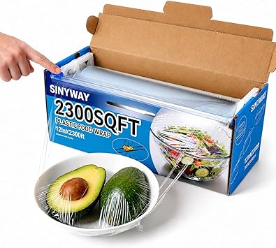 12" x 2300 SqFt Plastic Wrap with Slide Cutter, Commercial Size Cling Wrap for Kitchen, Extra-Long Roll with Built-in Roller, Heavy Duty Plastic Food Wrap for Home or Restaurant BPA Free