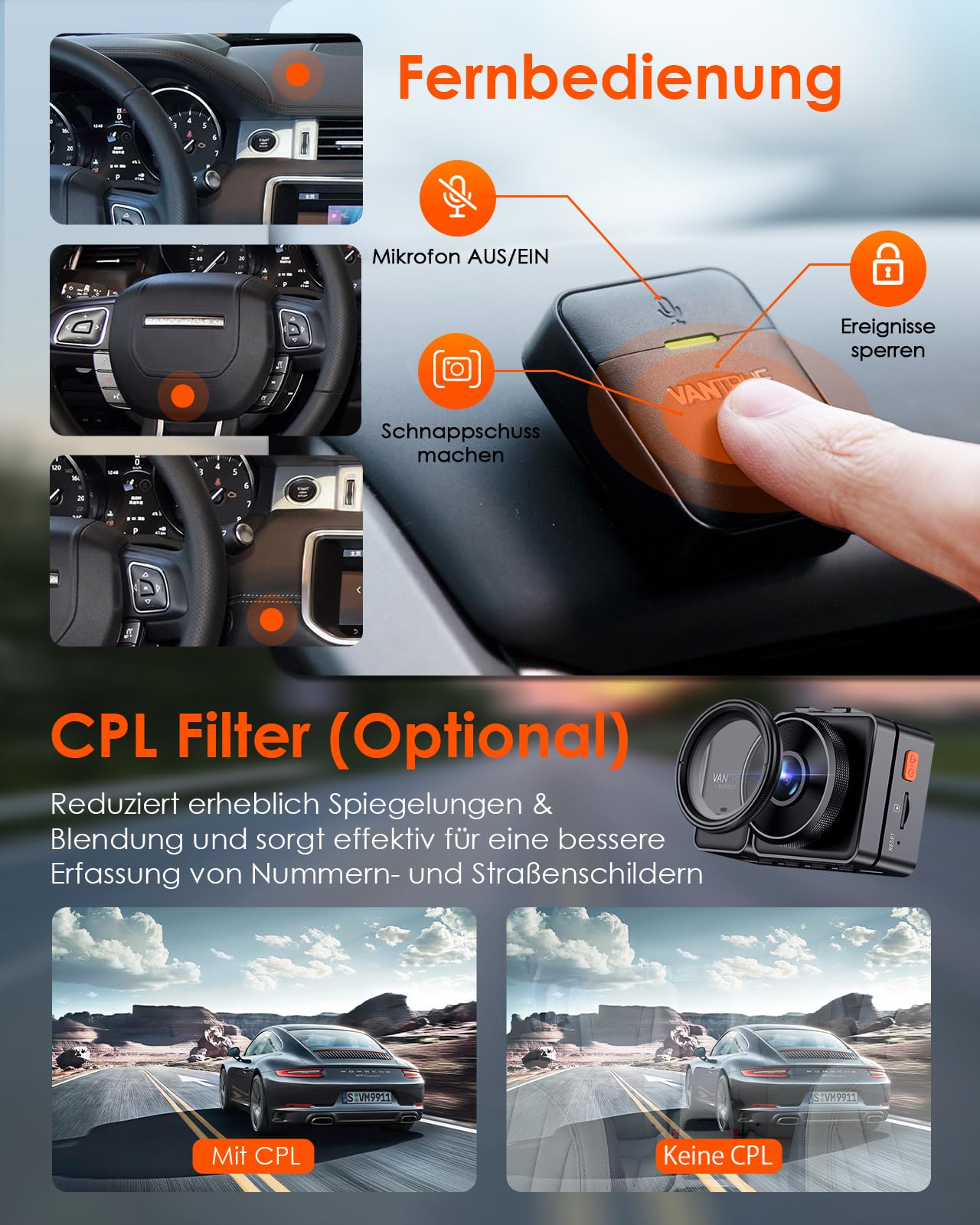 VANTRUE E2 2.7K+2.7K Dash Cam, 5GHz WiFi GPS Doppia 1944P Telecamera Per Auto, Dashcam Controllo senza Fili e Vocale, 24h. Modalità di Parcheggio Tampone, Visione Notturna WDR 2,45" 160 Gradi Max 512G