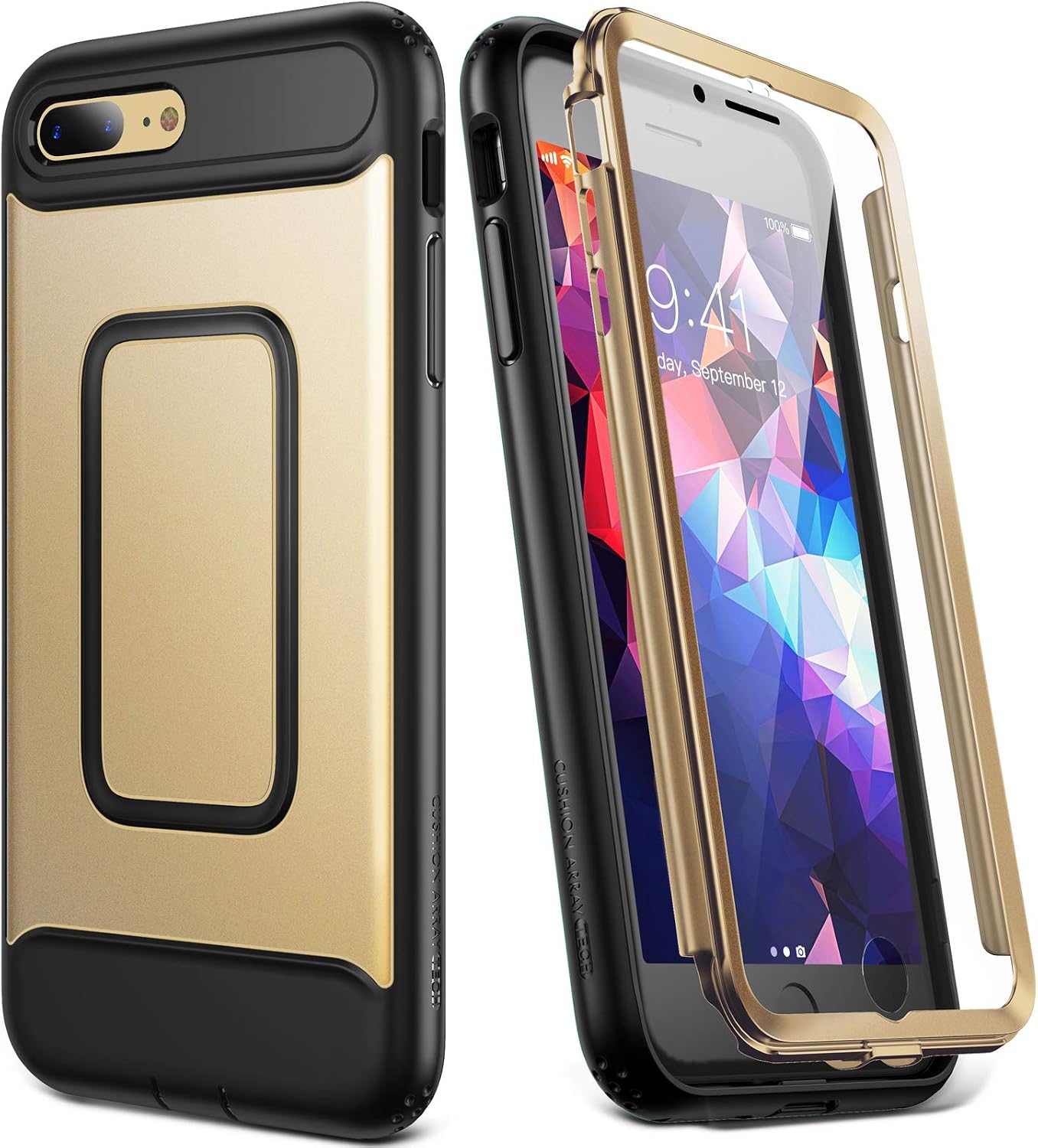 YOUMAKER Case for iPhone 8 Plus & iPhone 7 Plus, Full Body with Built-in Screen Protector Heavy Duty Protection Shockproof Slim Fit Cover for Apple iPhone 8 Plus 5.5 Inch - Gold/Black