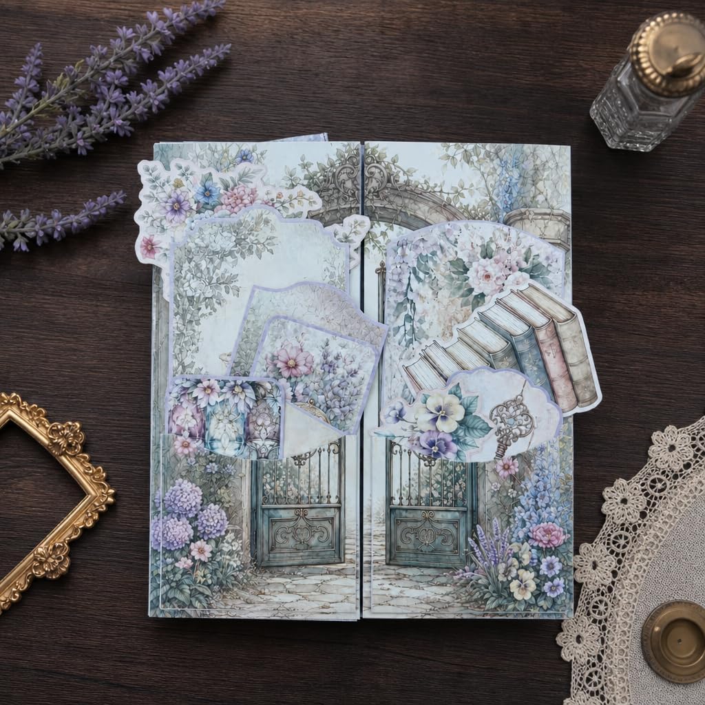 XINPOCUT Purple Secret Garden Junk Journal Folio Booklet Craft Kit, Vintage Scrapbooking Kit, Paper Ephemera for Craft Projects & Junk Journal, Includes Video Tutorial