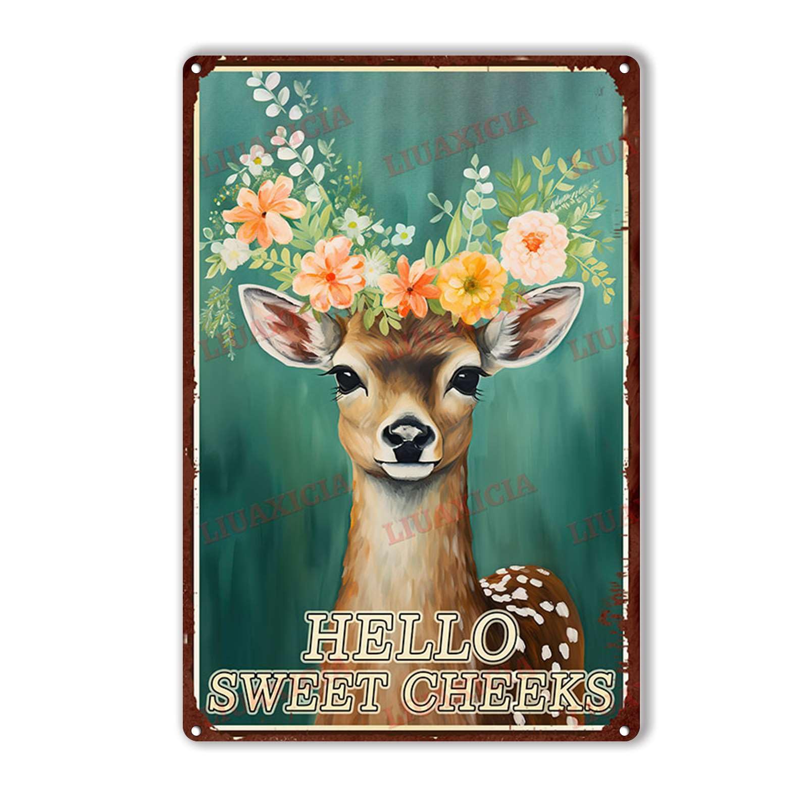 LIUAXICIATin Plaque Hello Sweet Cheeks Rabbit With Flowers for Living Room Bedroom and Office Home Kitchen 8x12inch