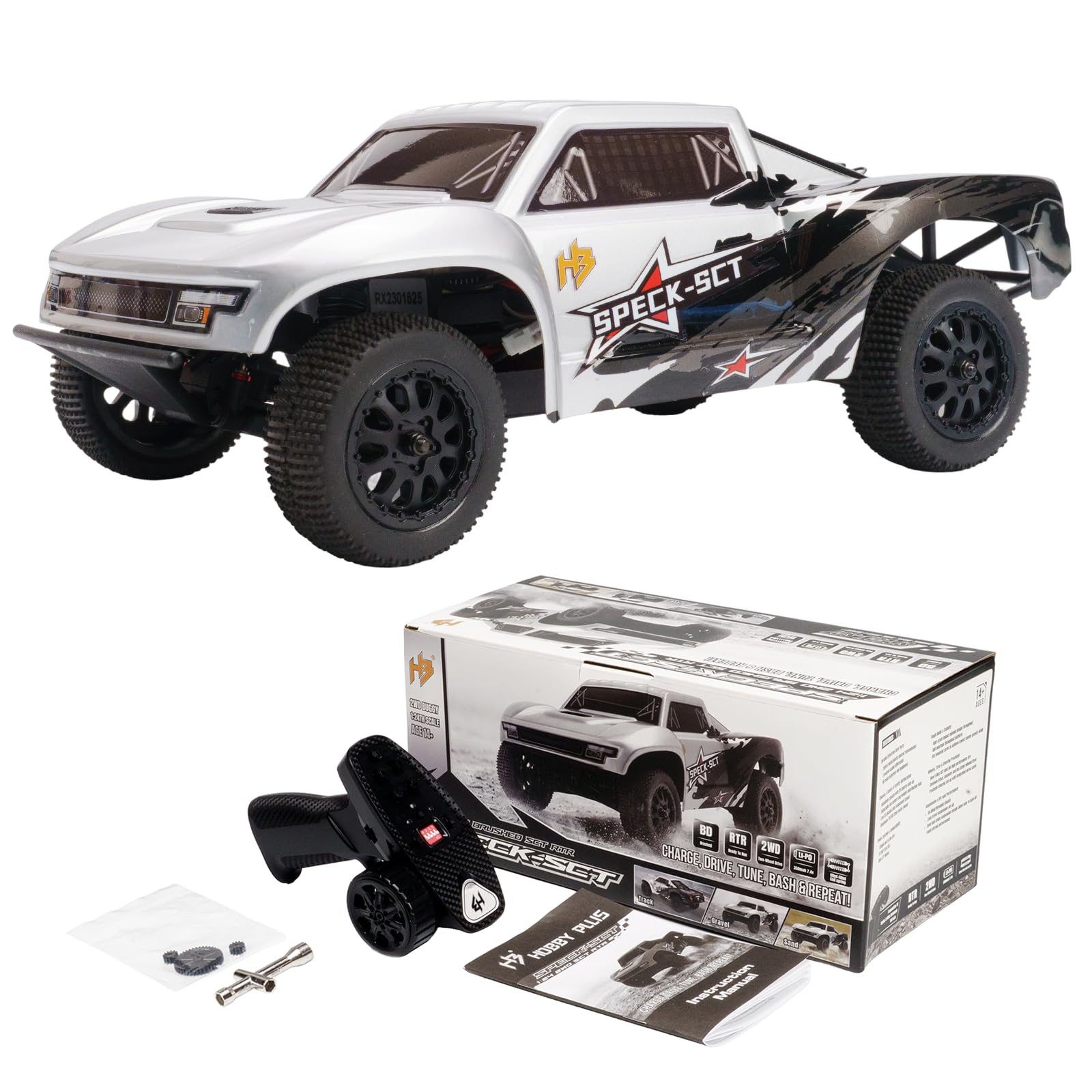 HOBBYPLUS Speck SCT 1/24 2WD RC Short Course Truck RTR, Brushed Motor, Oil-Filled Shocks, 2.4GHz Radio, Ready-to-Run Off Road RC Truck (Brushed Silver)