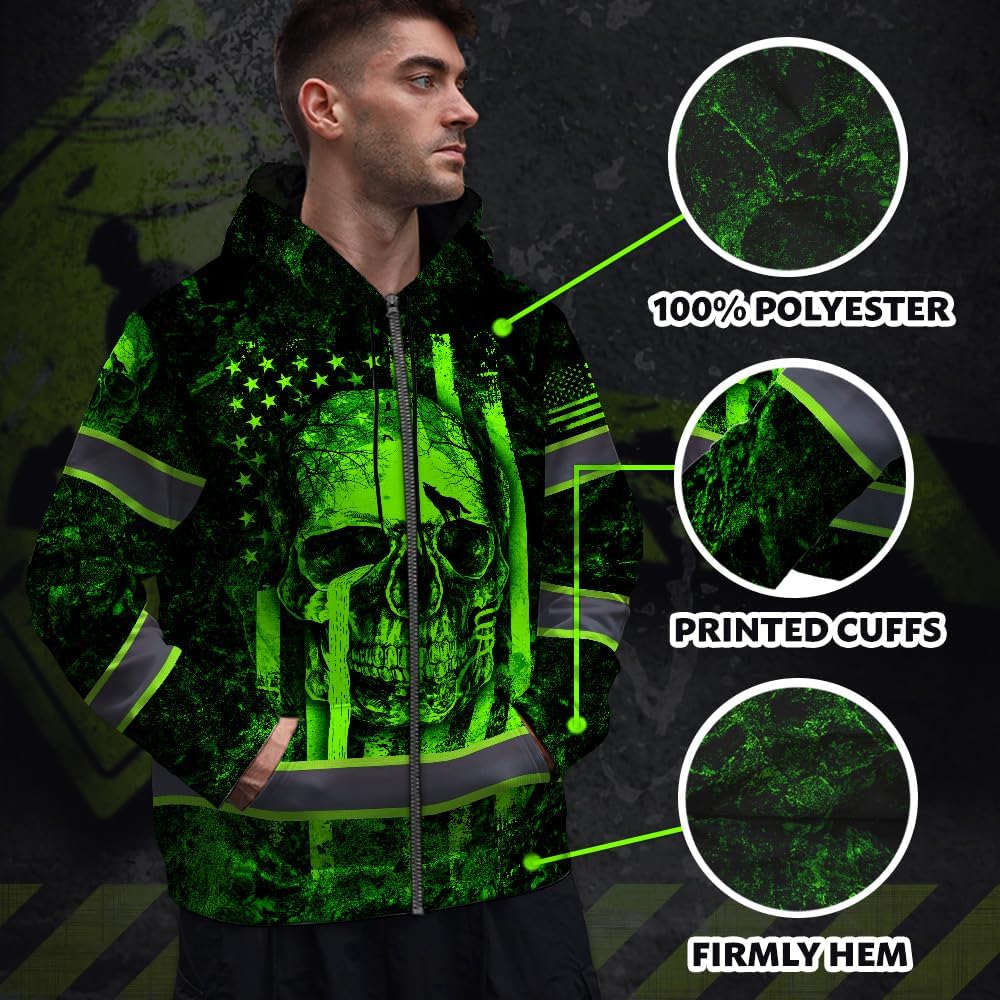 Maddly Hi Vis Reflective Zip Up Hoodie, High Visibility Safety Jacket with Skull Design for runner, worker, trucker, Cyclist