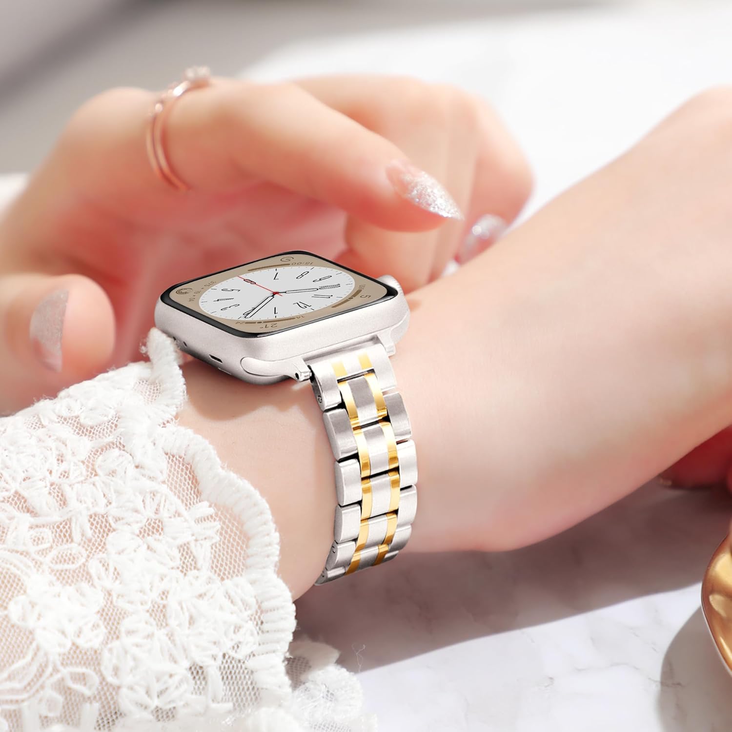 Slim Metal Band for Apple Watch Bands for Women 44mm 45mm 46mm 49 42mm(S3) iWatch Bands, Stainless Steel Thin Dressy Strap for Apple Watch Band Series 11 10 9 8 SE 7 6 5 4 3-Starlight+Gold - Image 3