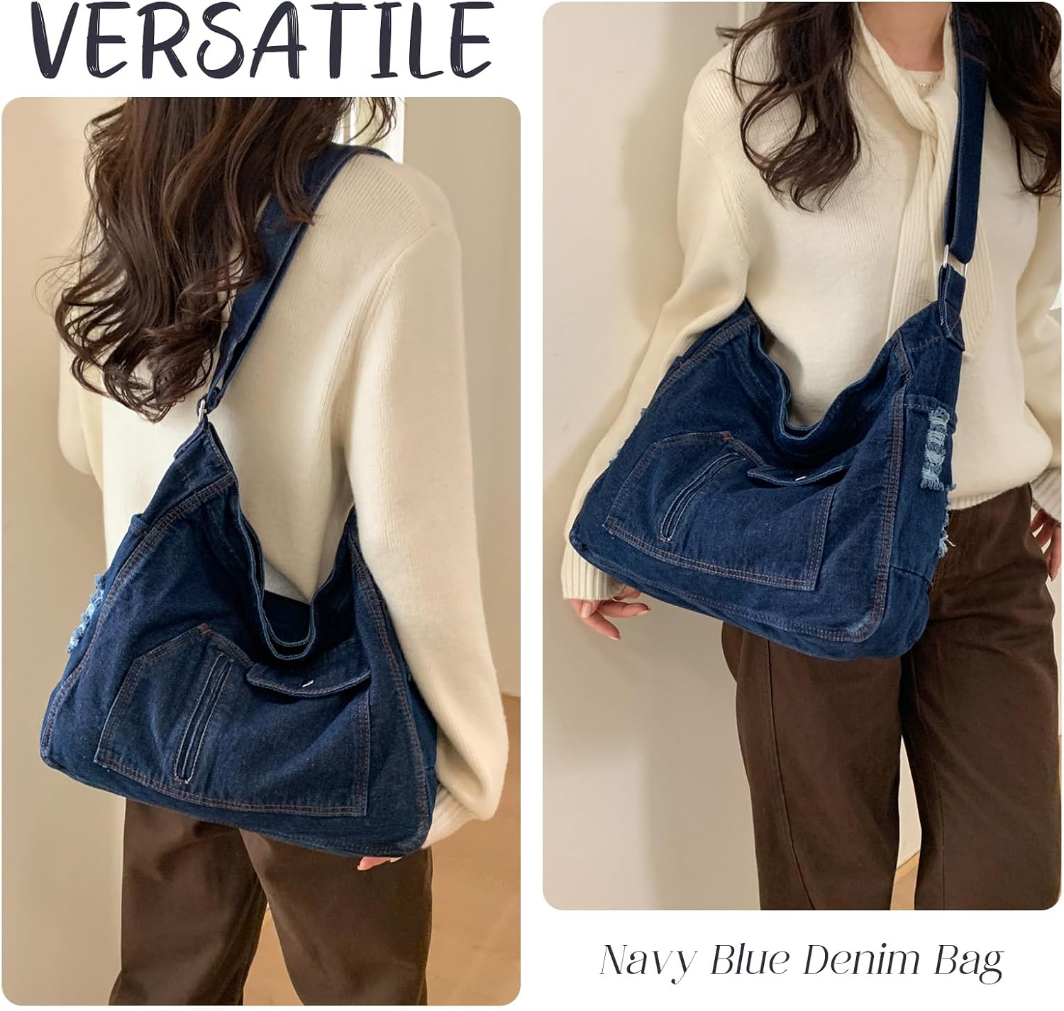 Denim Shoulder Bag for Women Canvas Messenger Tote Purse with Zipper Lightweight Crossbody Hobo Handbag Casual Jean Bag