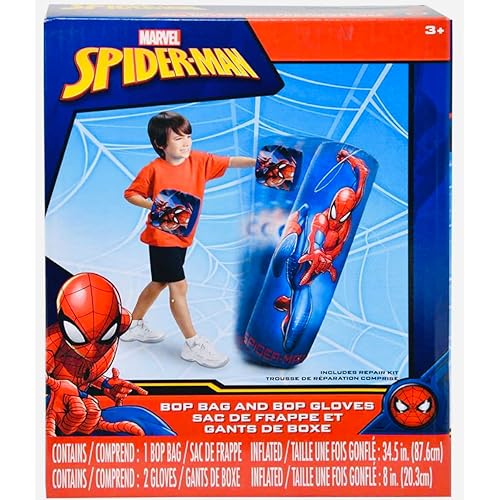 Spiderman Spider-Man Inflatable Bop Bag & Bop Gloves Set Kids Punching Bag with Gloves, Freestanding Superhero Blow Up Bouncing Boxing Bag for Exercise, Durable Heavy Duty Indoor and Outdoor - 34.5"