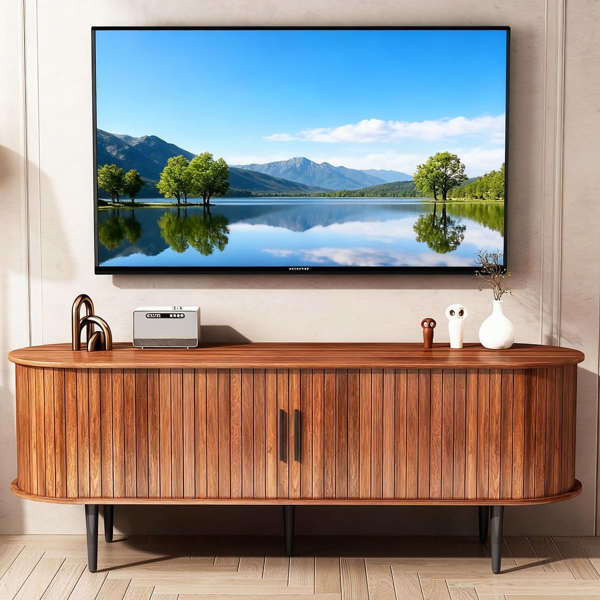 47" TV Stand with Sliding Tambour Door for Living Room,TV Console with Adjustable Shelves, Media Console with Storage Cabinet, Entertainment Center with Golden Handle (Walnut,47")