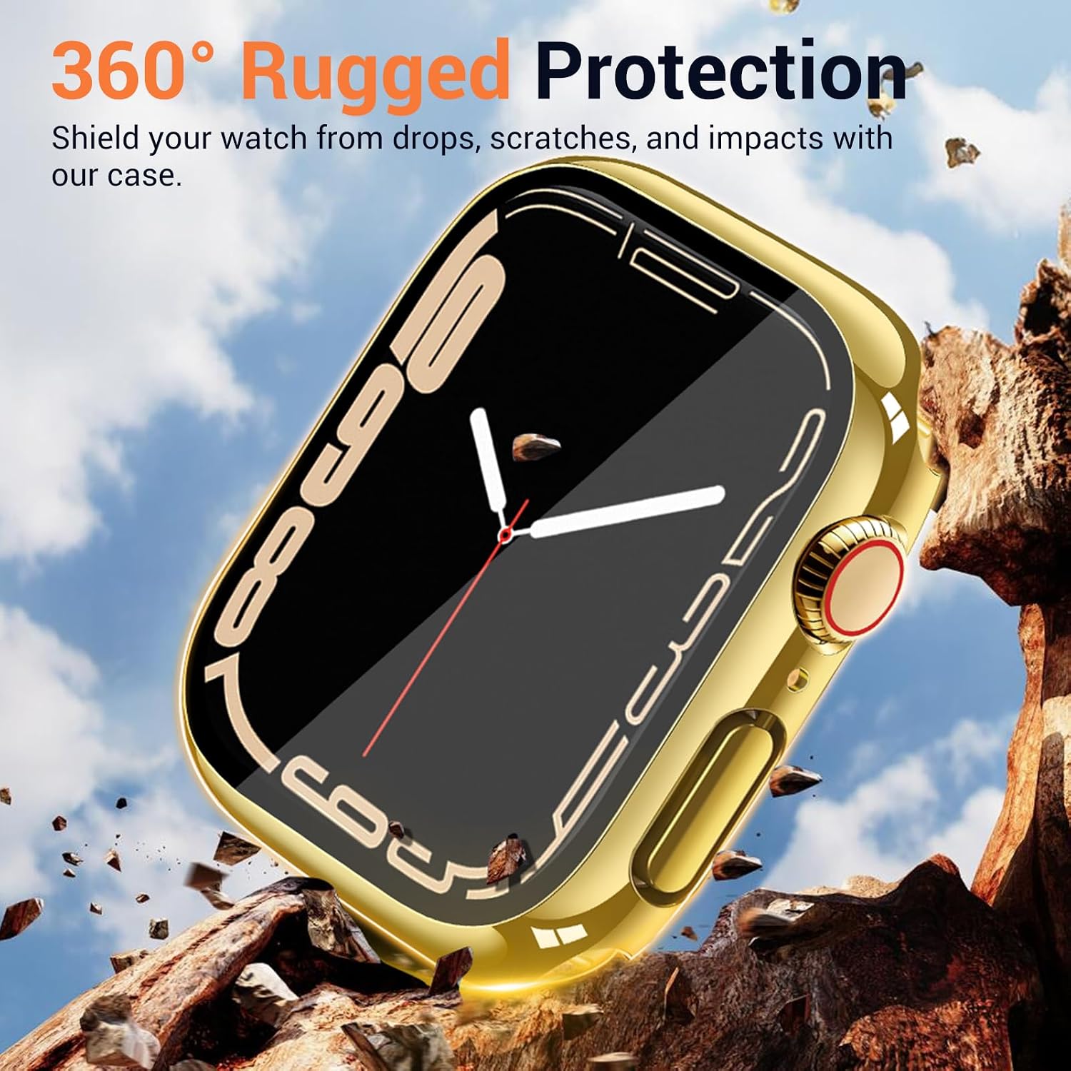 JR.DM Waterproof Case Compatible with Apple Watch Series 9/8/7 41mm, 360 Full Protective Cover with 9H Tempered Glass Screen Protector, Hard PC Bumper with Back Frame for iWatch Accessories, Gold